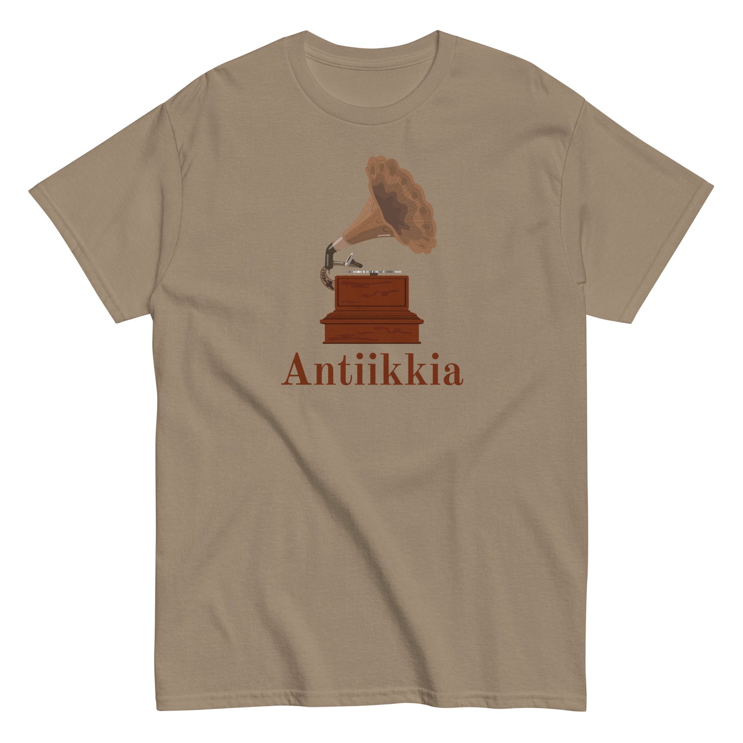 Beige antiikkiaiheinen t-paita, jossa on vanha gramofoni ja teksti Antiiikkia