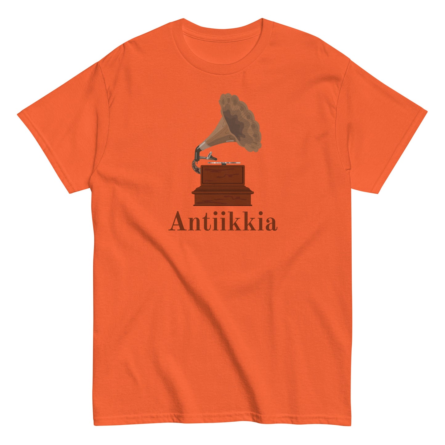Meemirotta antiikkiaiheinen t-paita kirkkaan oranssilla värillä, jossa on vanha puhelinkohta.