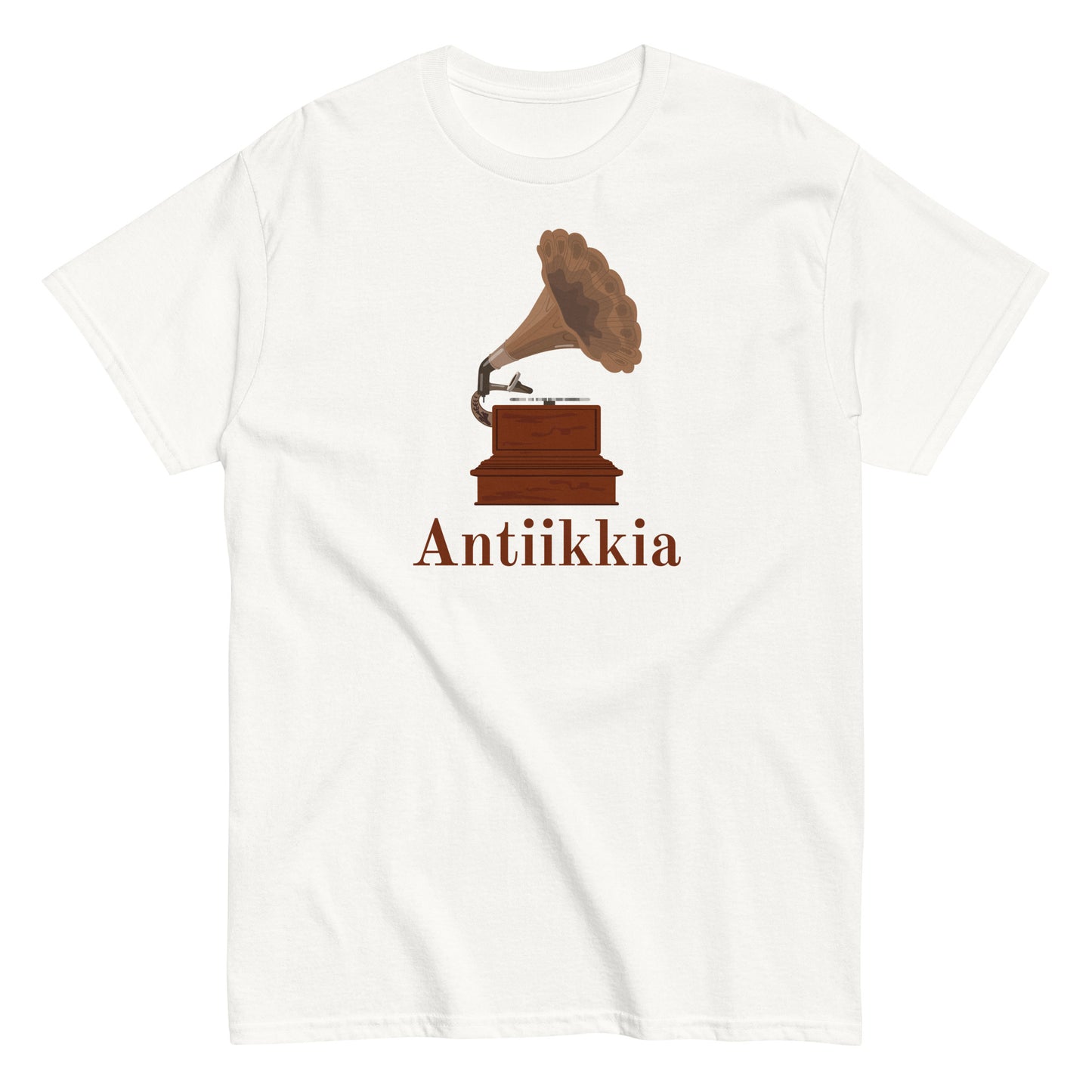 Meemirotta antiikkiaiheinen t-paita, jossa on vanhanaikainen gramofoni ja sana Antikikka