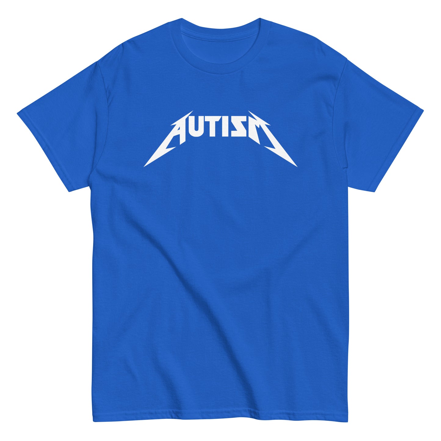 Meemirotta autism t-paita kirkkaan sininen, jossa valkoinen AUTISM-tulostus edessä
