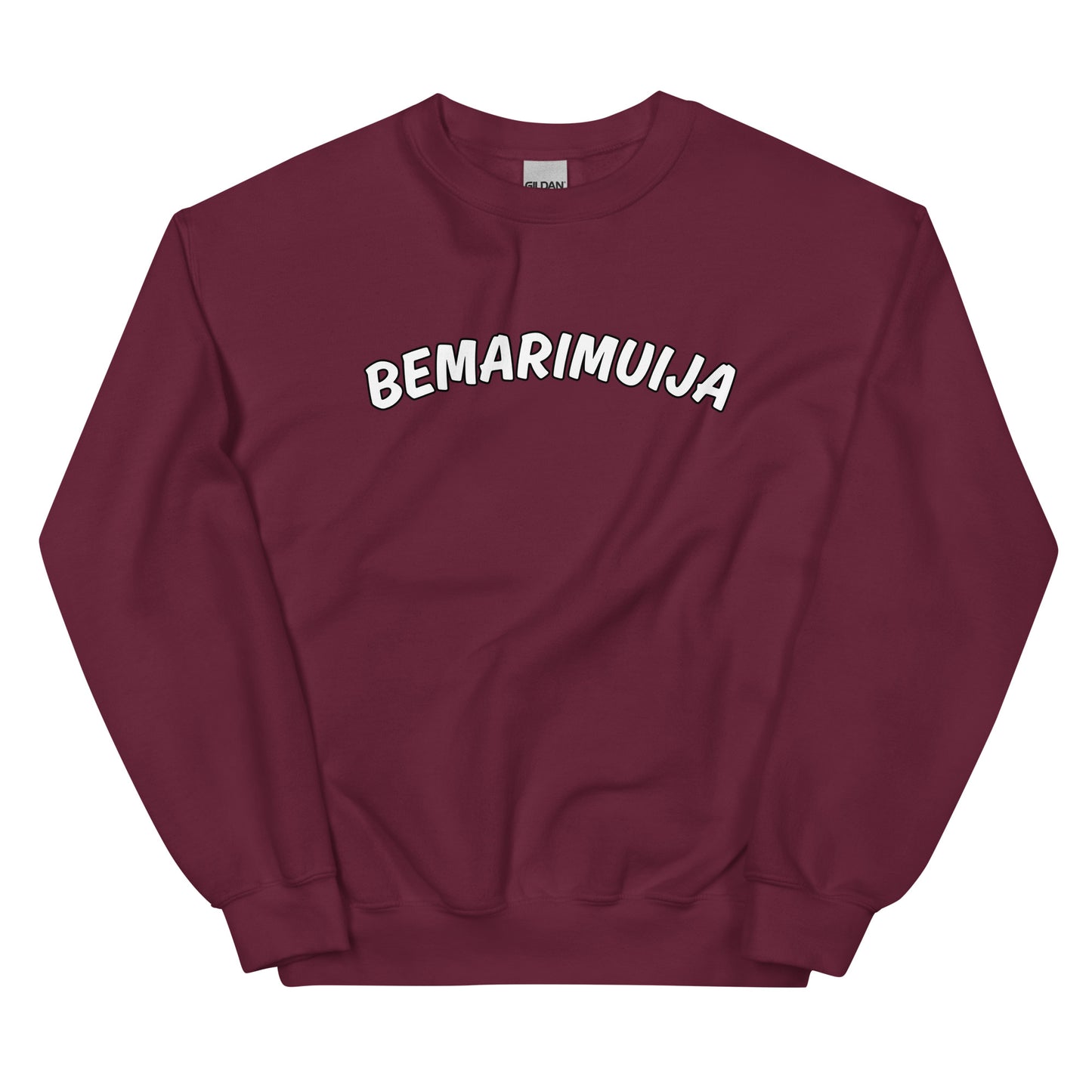 Burgundinpunainen bemarimuija collegepaita, jossa valkoinen teksti edessä