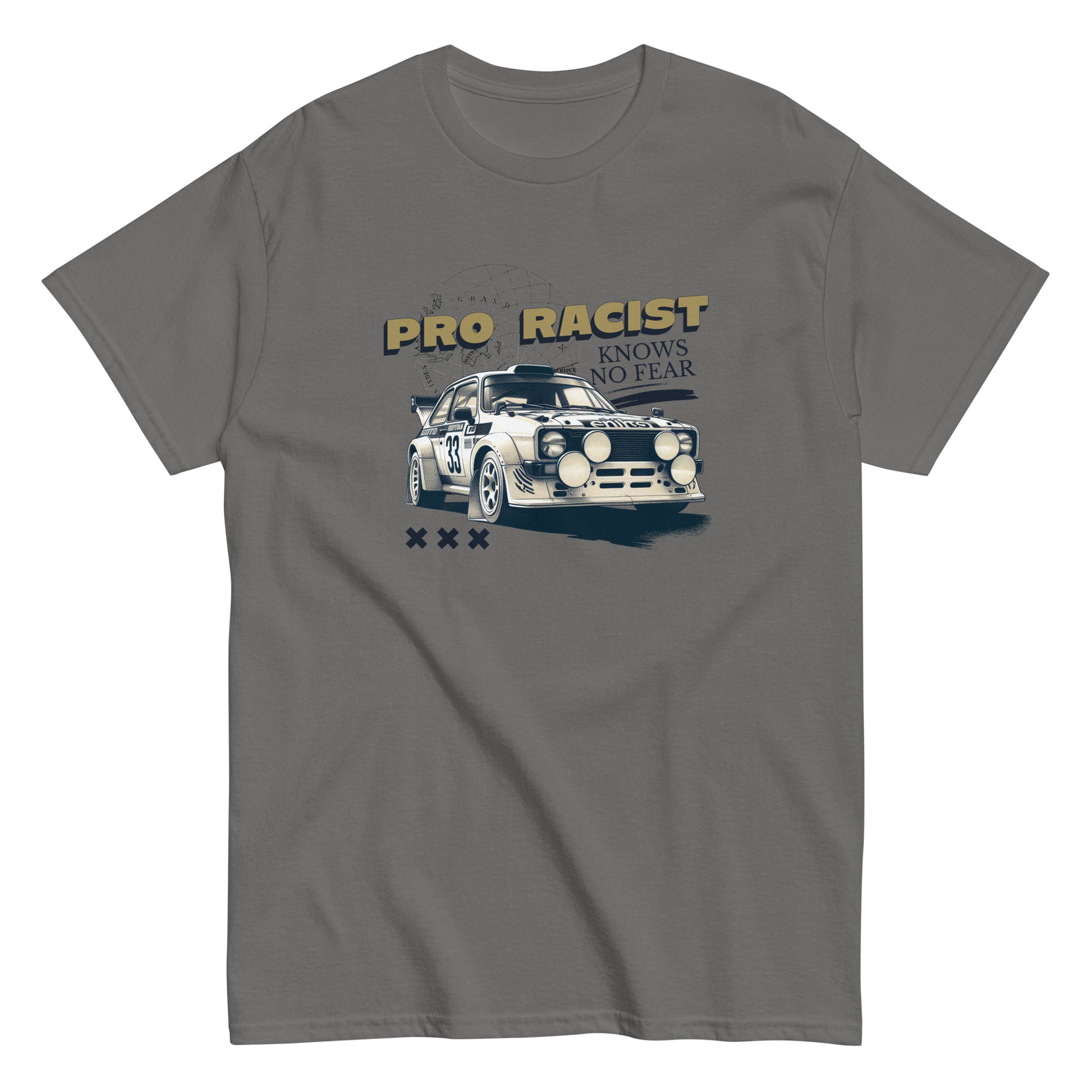 Hauska autoaiheinen t-paita Meemirotta harmaana, jossa retroauto ja teksti 'PRO RACIST knows no fear'.
