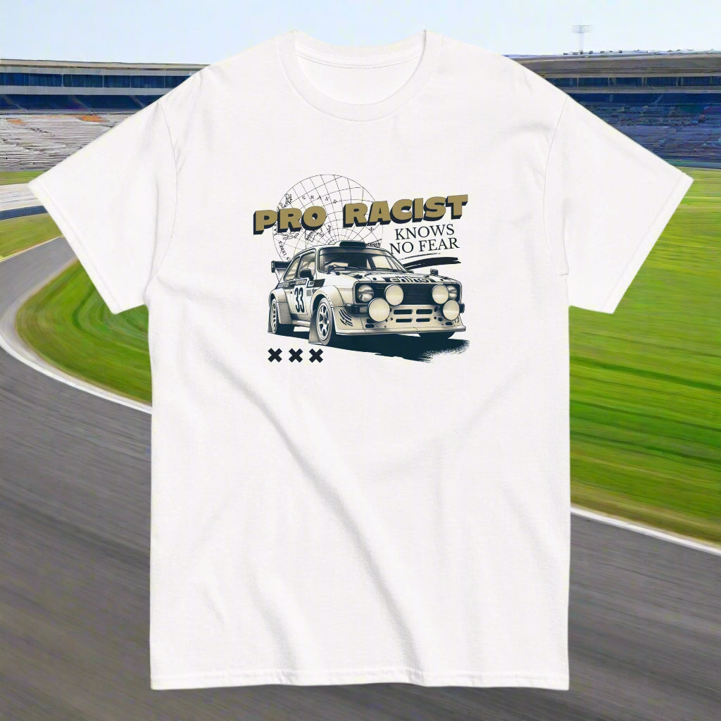 Hauska autoaiheinen t-paita Meemirotta logolla ja kivan ralliauton kuvalla