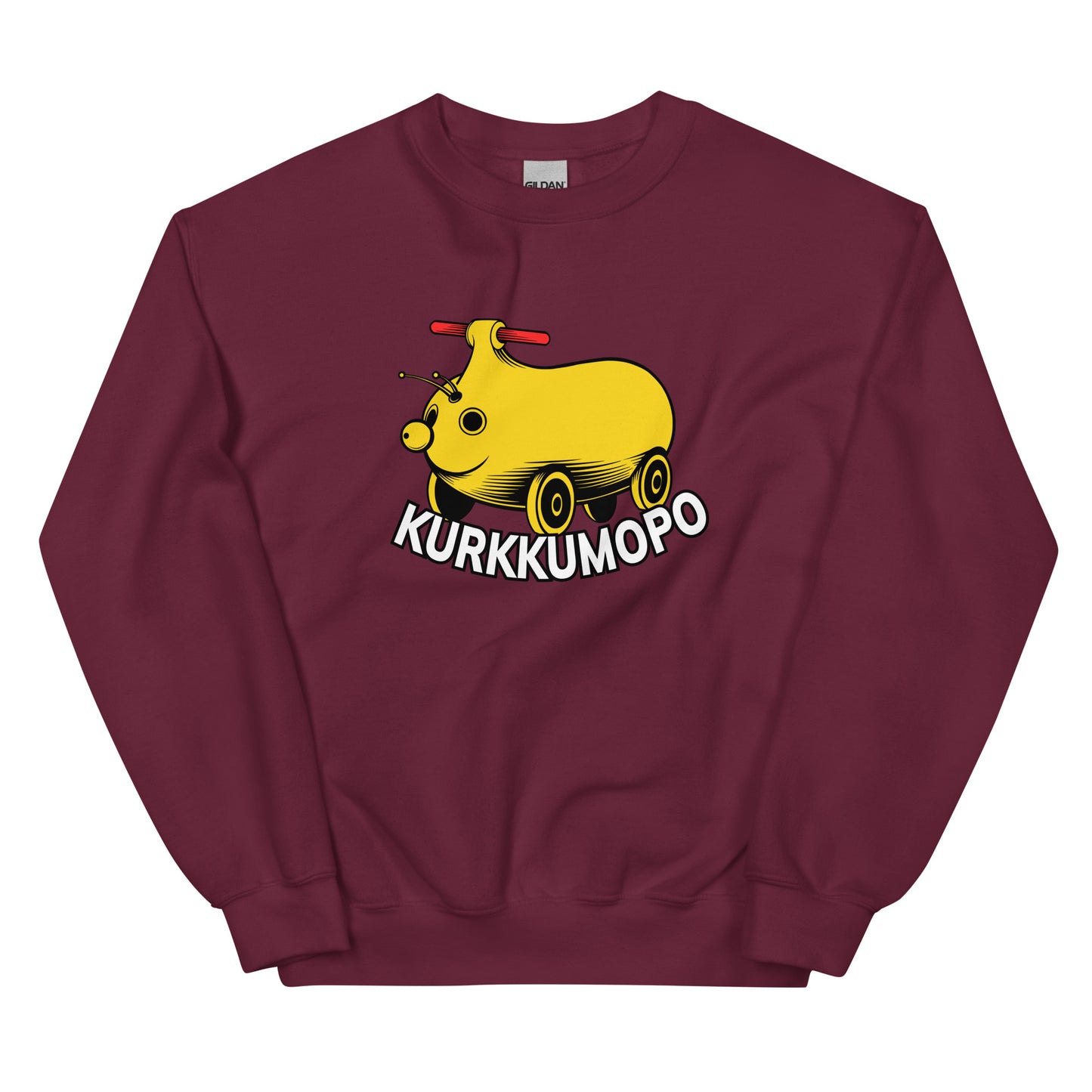 Hauska college pusero, jossa on keltainen kurkkumopo ja kirjaimet Kurkkumopo