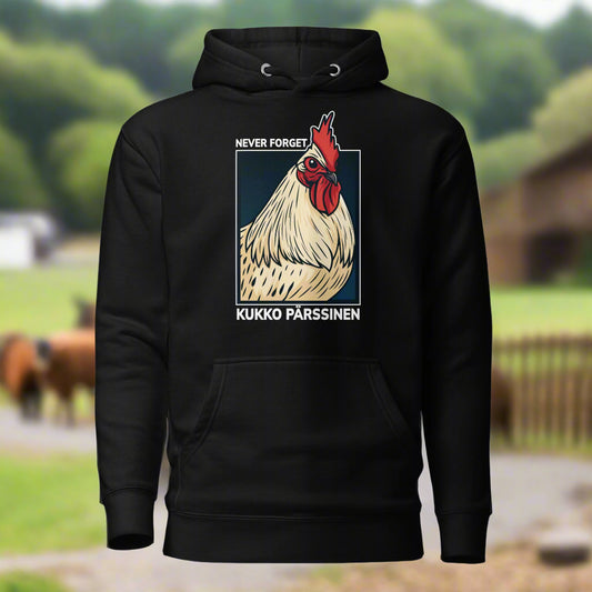 Hauska huppari mustalla taustalla, jossa on kana-aiheinen grafiikka ja teksti Never Forget KUKKO PARSSINEN