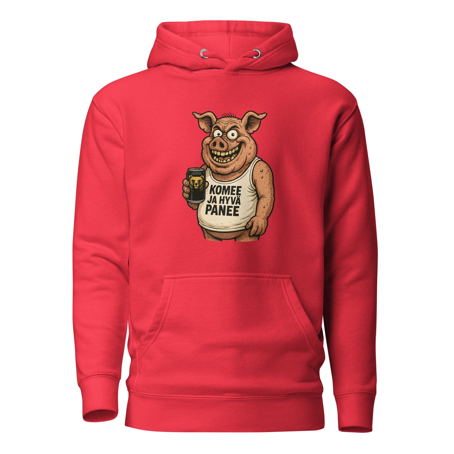 Hauska huppari miehille ja naisille punaisella värillä ja humoristisella painatuksella