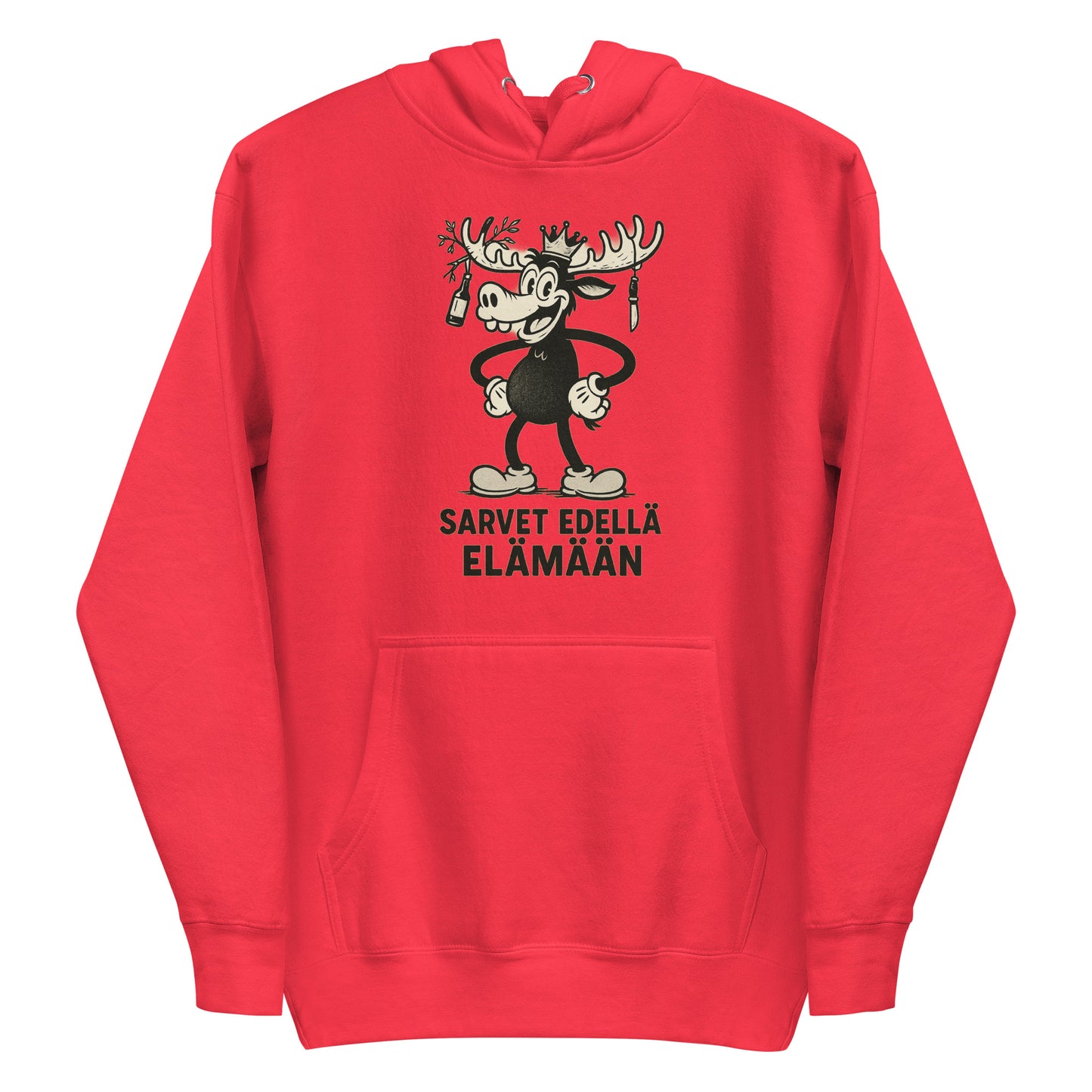 Punainen hauska huppari, jossa sarvikuonohahmo ja teksti 'Sarvet edellä elämään'