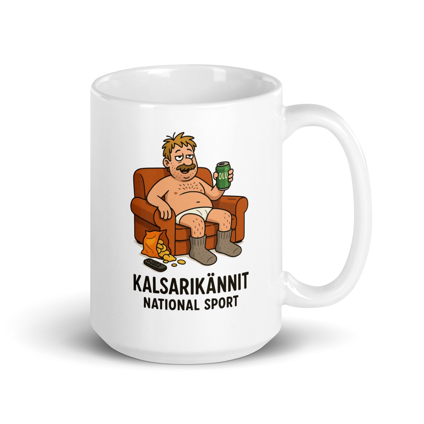 Hauska kahvikuppi, jossa on mukava piirros henkilöstä sohvalla, nauttimassa kalsarikänneistä.