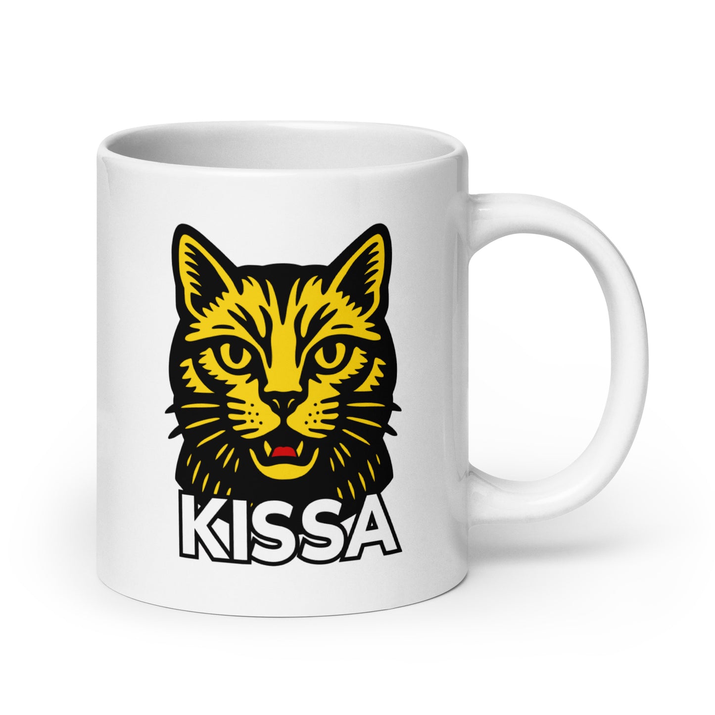 Hauska kahvikuppi, jossa on kissa-aiheinen design värikkäällä printillä