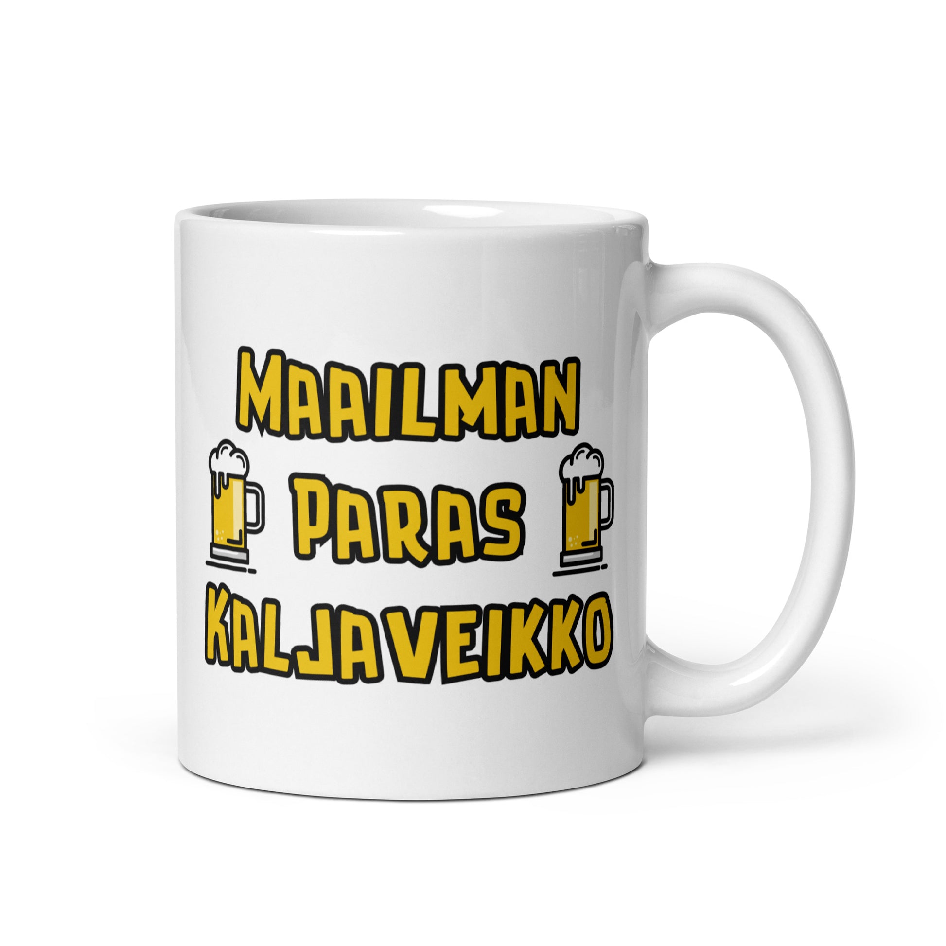 Hauska kaljamuki, jossa on teksti Maailman paras kaljaveikko ja olutlasit