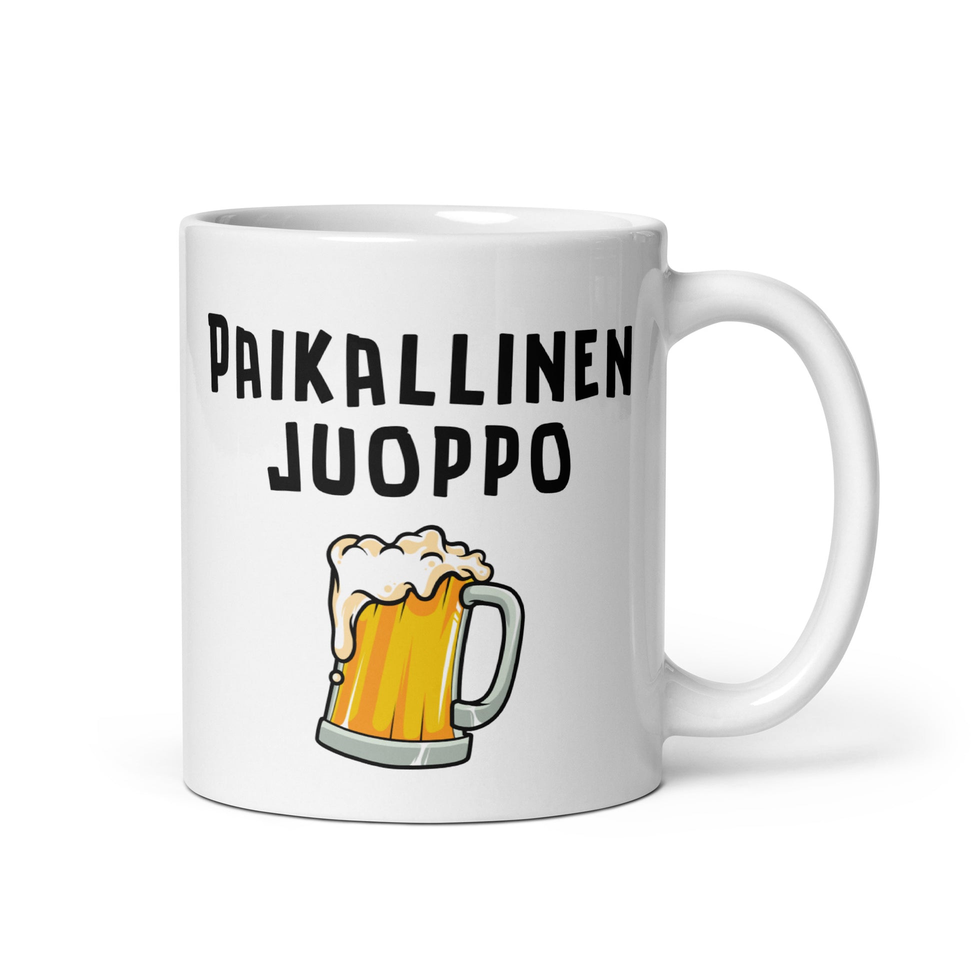 Hauska muki lahjaksi, jossa teksti Paikallinen juoppo ja olutkuppi kuvassa