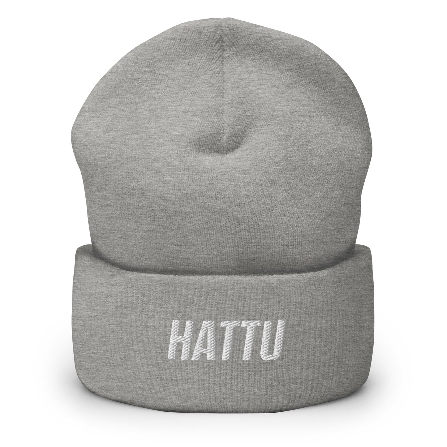 Harmaa hauska pipo HATTU-tekstiin brodeerattuna, täydellinen talvikeleille