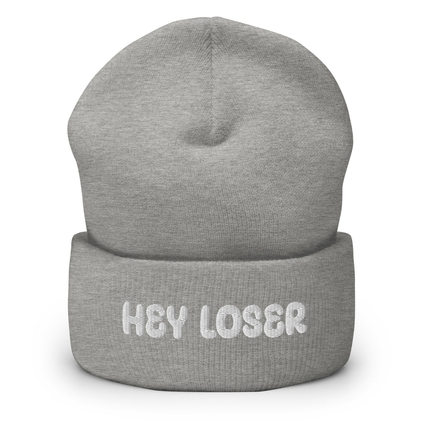 Harmaa hauska pipo tekstillä 'HEY LOSER', mukava ja trendikäs lisä asusteisiin