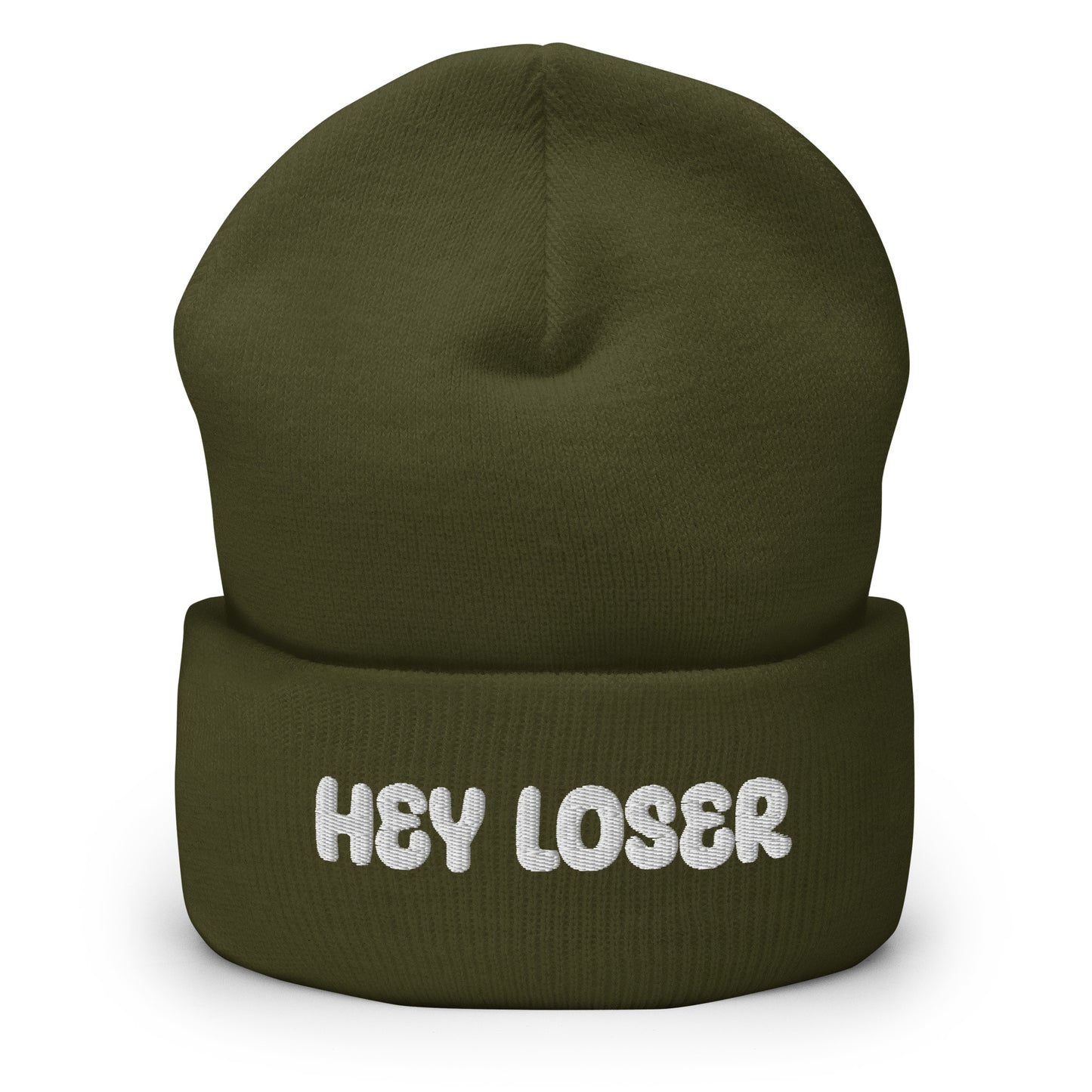 Hauska pipo tekstillä 'HEY LOSER' tummanvihreänä, täydellinen rentoihin asusteisiin