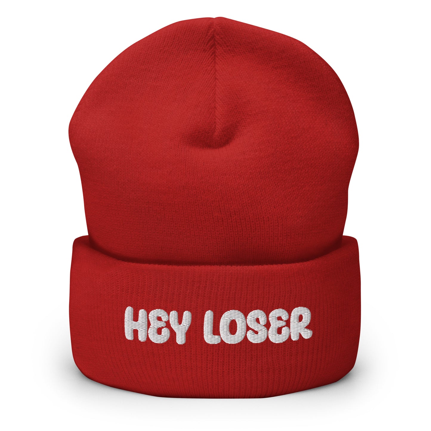 Hauska pipo tekstillä 'Hey Loser' kirkkaan punaisena, täydellinen rentoon tyyliin.
