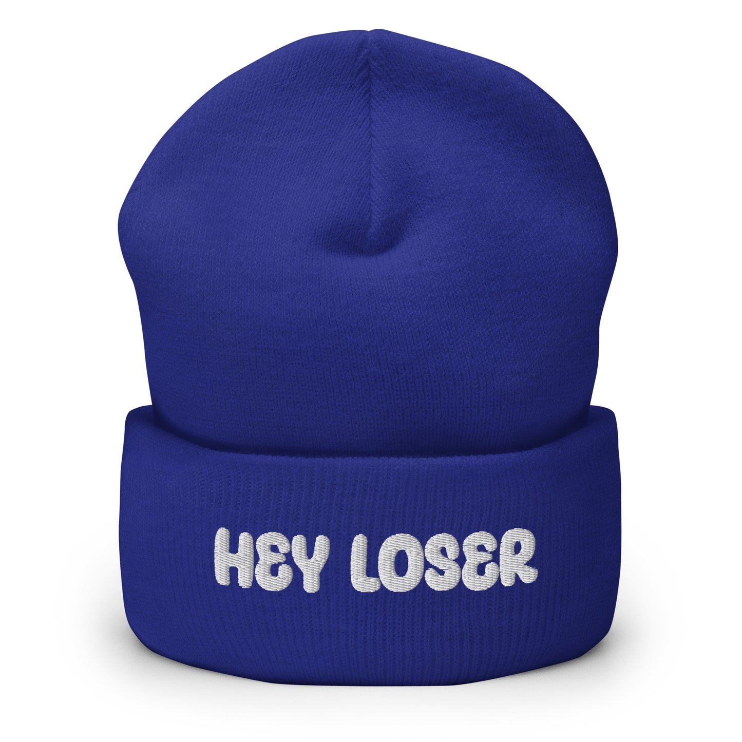 Hauska pipo tekstillä 'HEY LOSER' sinisessä värissä, mukava ja tyylikäs asuste talveen