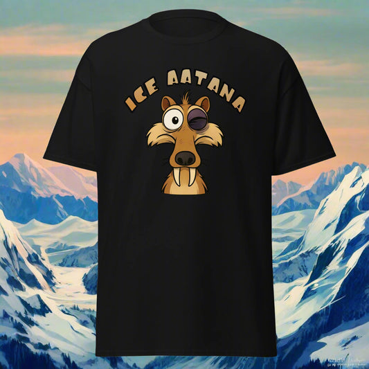 Hauska t-paita mustalla taustalla, jossa on iso eläinkuvitus ja teksti Ice Aatana