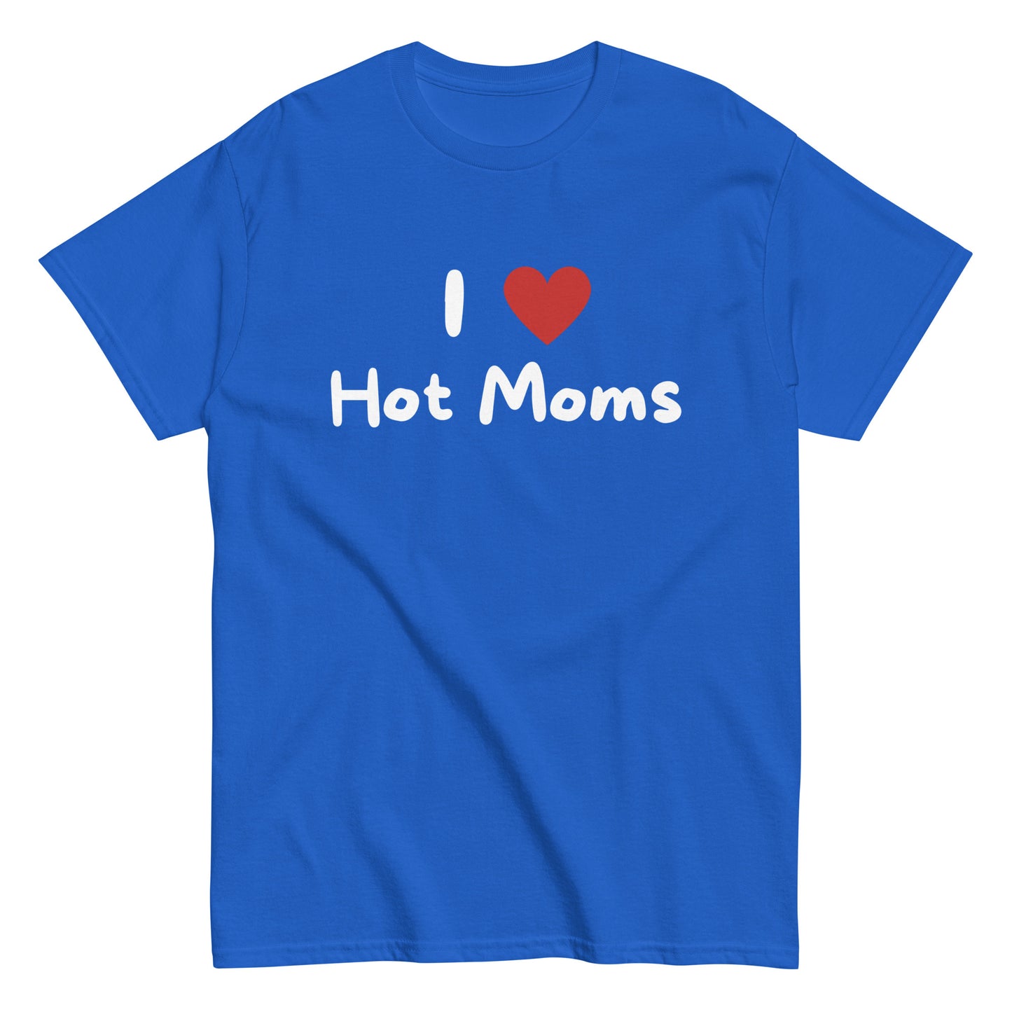 Meemirotta hauska t-paita lahjaksi sinisessä värissä, jossa on teksti I love Hot Moms