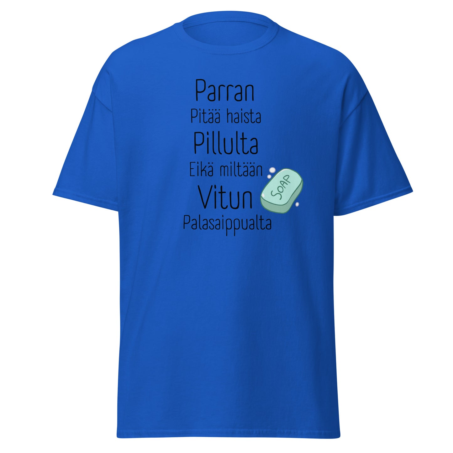 Hauska t-paita miehille Meemirotan sinisessä mallissa, jossa on humoristinen teksti edessä