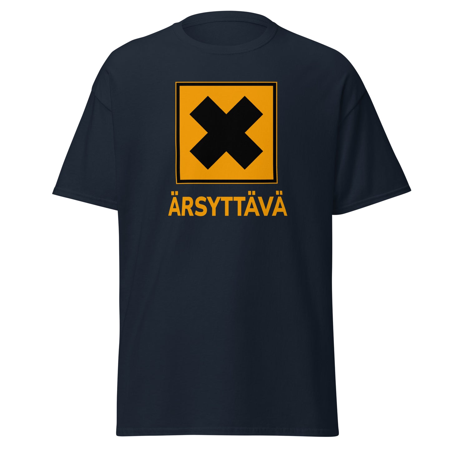 Meemirotta hauska t-paita mustalla pohjalla ja keltaisella kuvalla, jossa teksti ÄRSYTTÄVÄ