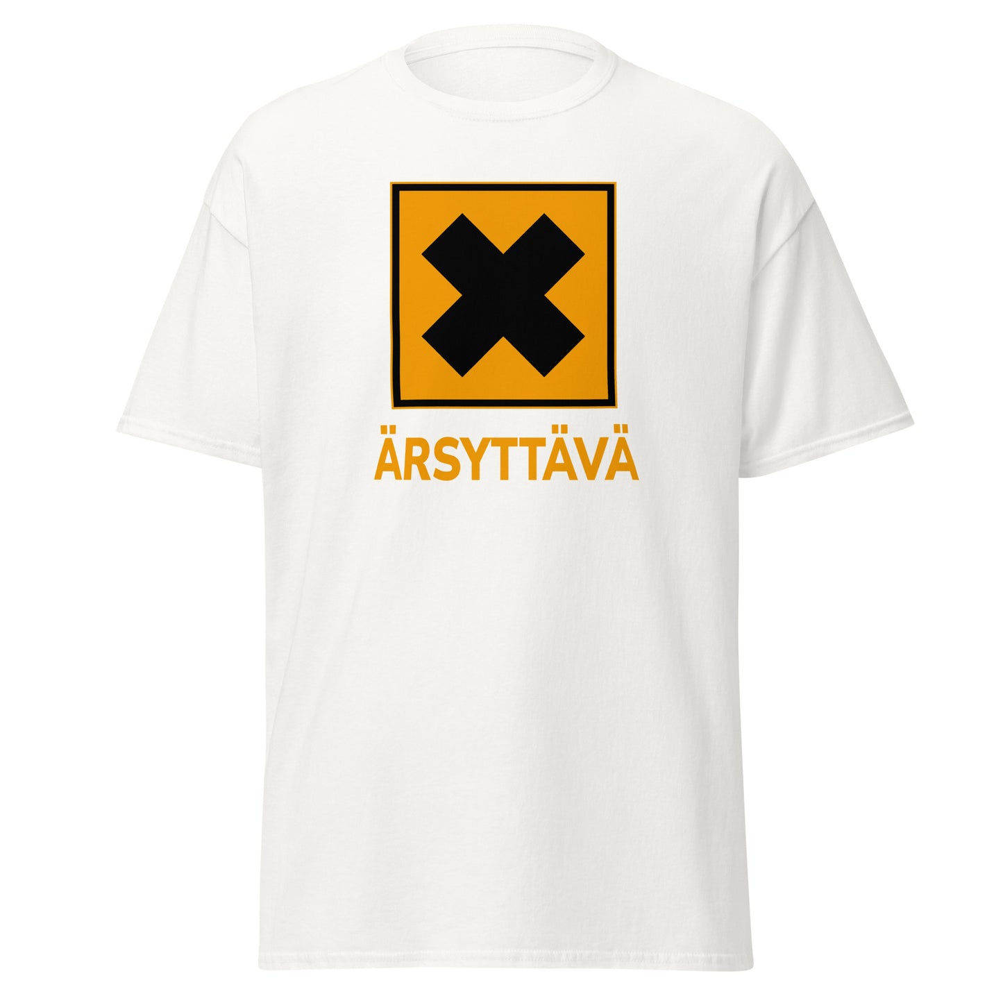 Hauska t-paita valkoisella pohjalla, jossa musta X-symboli ja teksti ärsyttävä