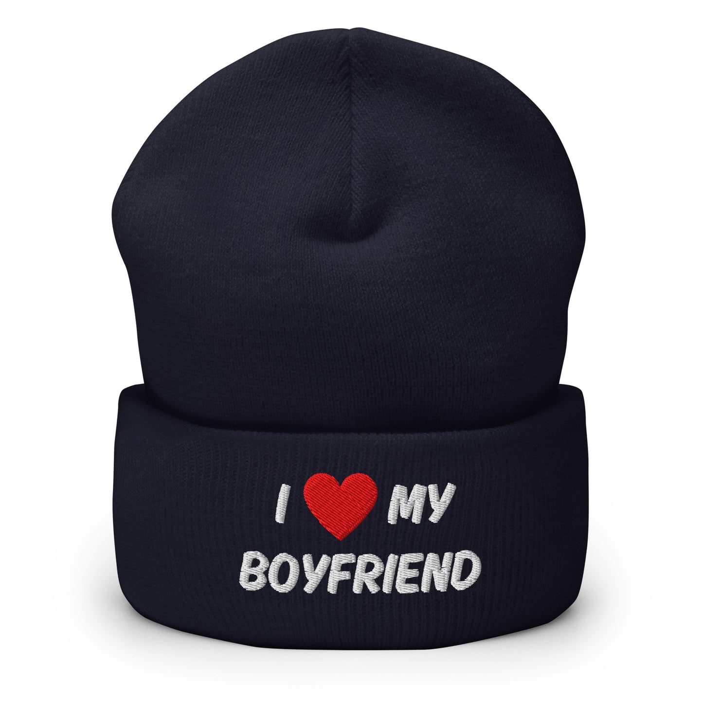 Tumma sininen I love my boyfriend pipo, jossa valkoinen ja punainen brodeeraus