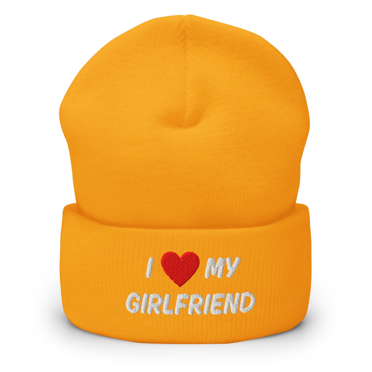 Keltainen pipo I love my girlfriend tekstillä, lämmin ja mukava lisävaruste
