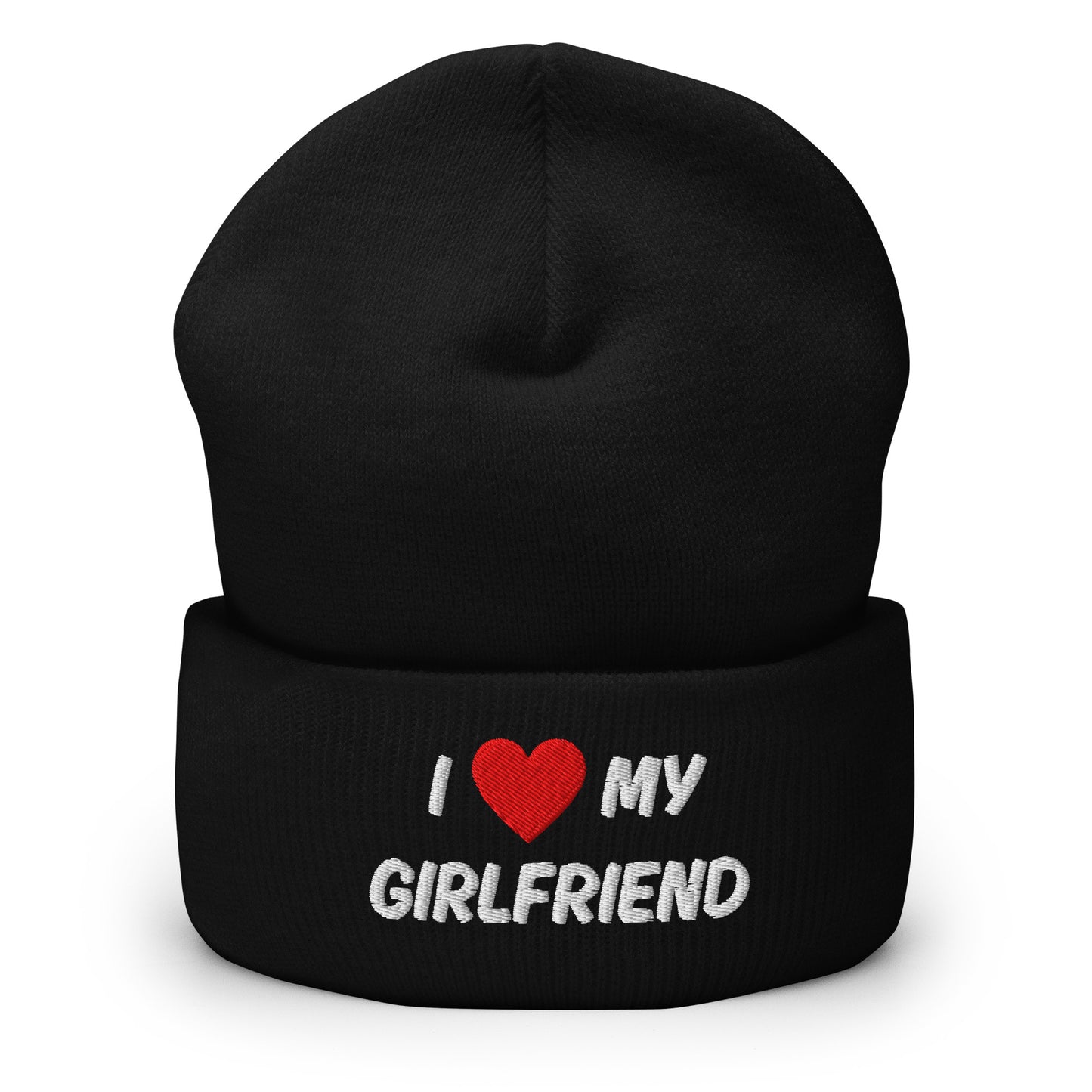 Mustapipo, jossa punaisella sydämellä teksti I love my girlfriend, tyylikäs ja lämmin asuste