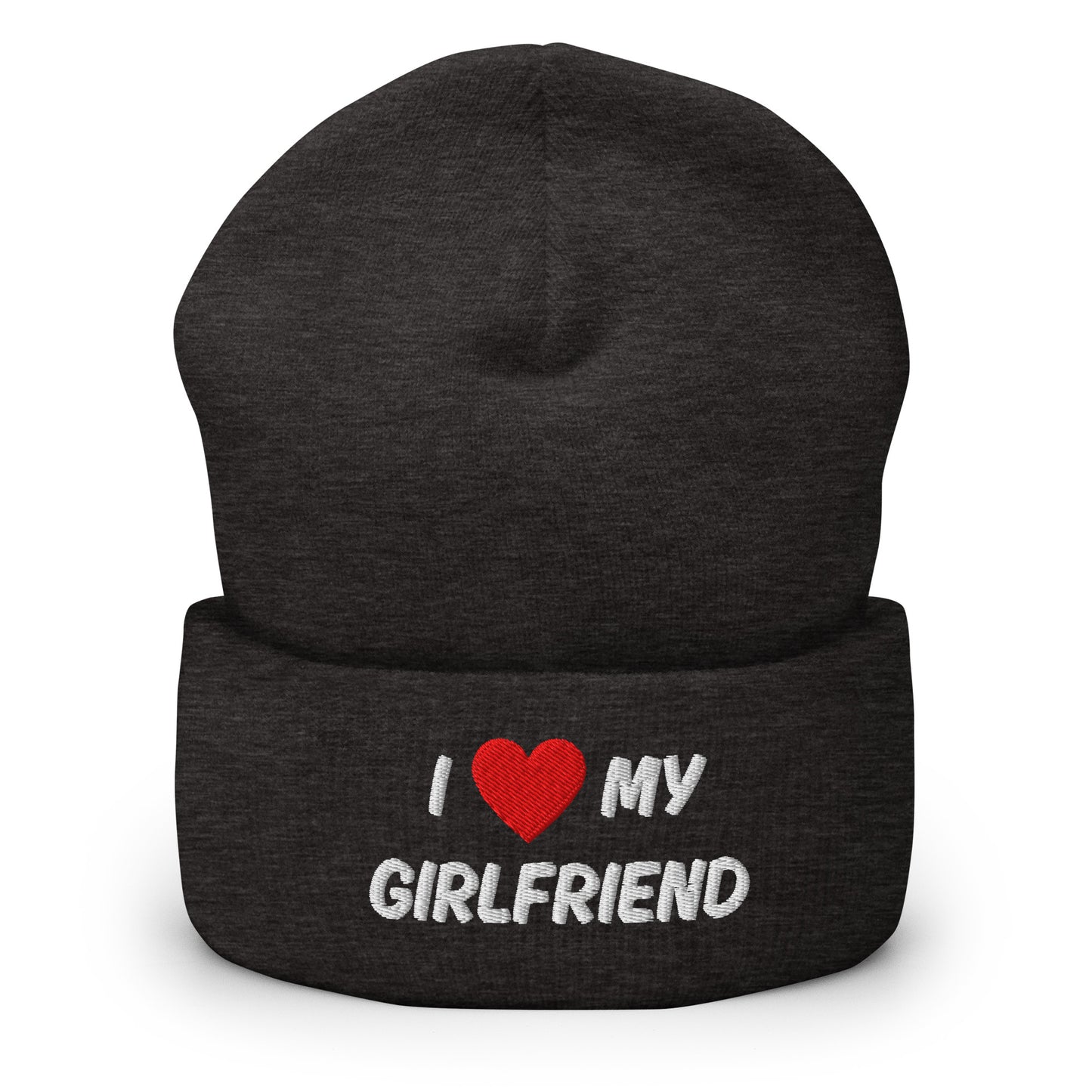 I love my girlfriend pipo harmaalla värillä, jossa punainen sydän ja valkoinen teksti