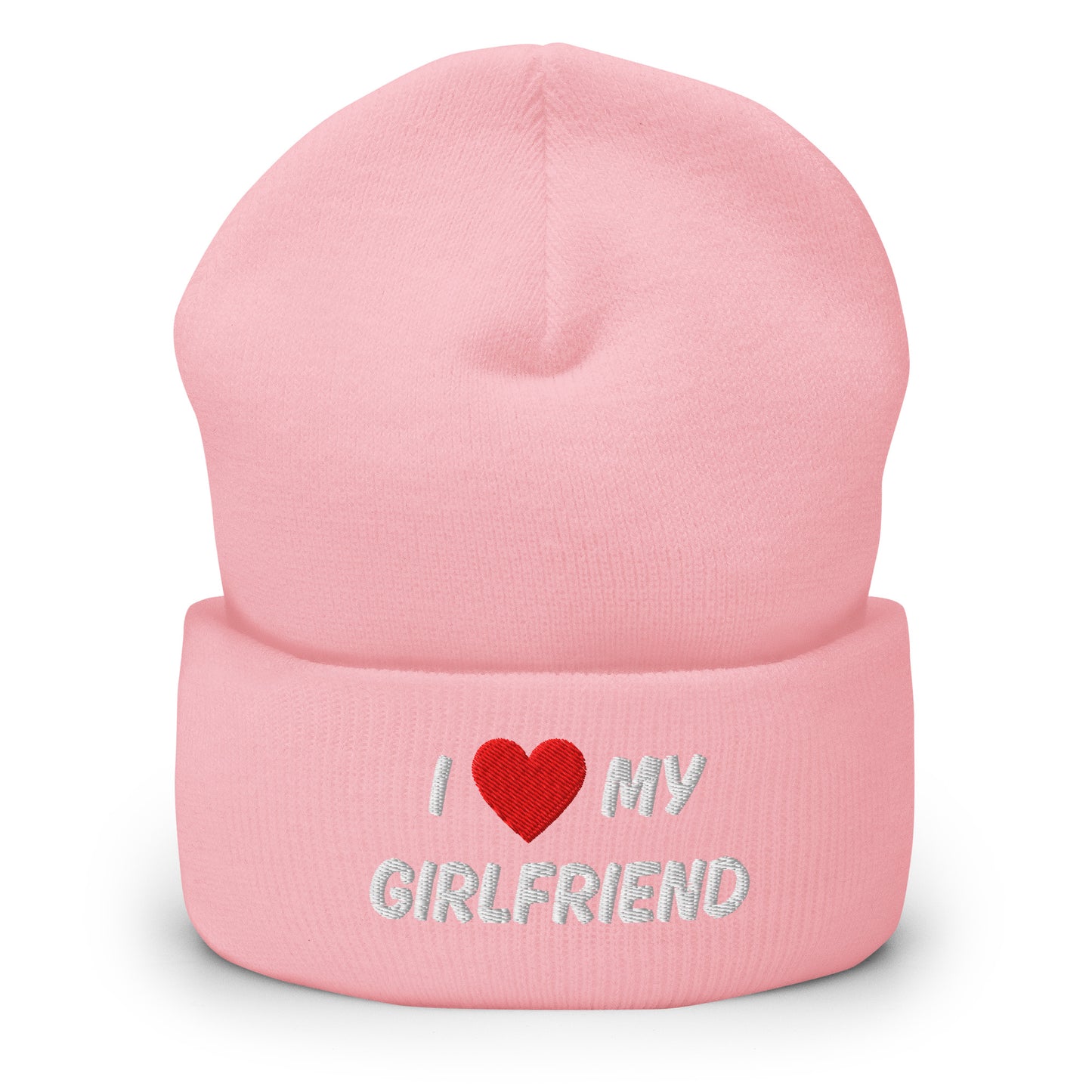 Vaaleanpunainen I love my girlfriend pipo pehmeällä materiaaleilla ja kirjailulla