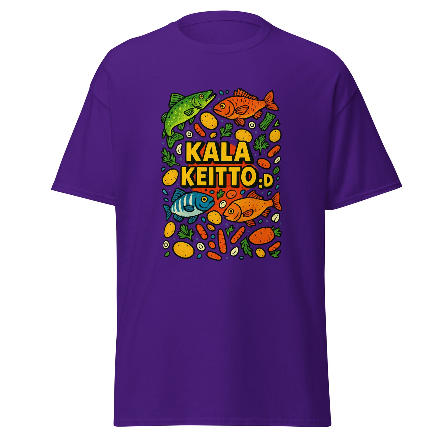 Meemirotta kalakeitto t-paita violettina, värikkäillä kalan ja ainesosien kuvilla