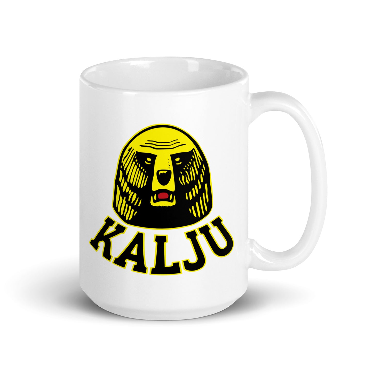 Meemirotta kalju muki, valkoinen kahvimuki hauska karhun kuvalla ja KALJU tekstillä