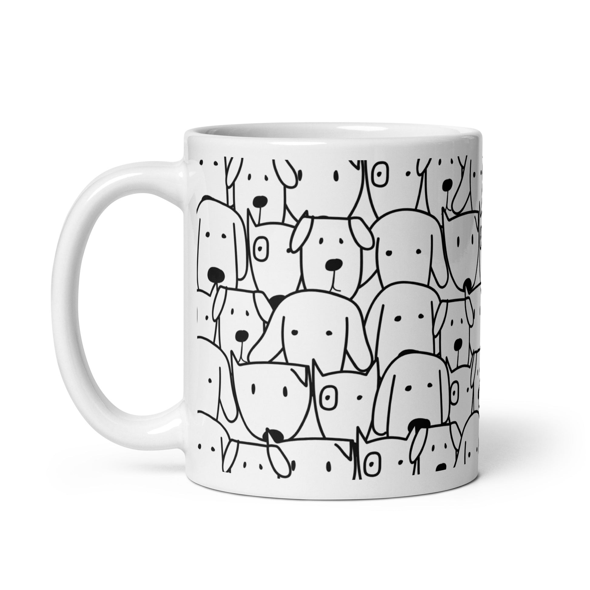 Meemirotta koira muki, jossa valkoisella taustalla hauskoja koirakuvioita