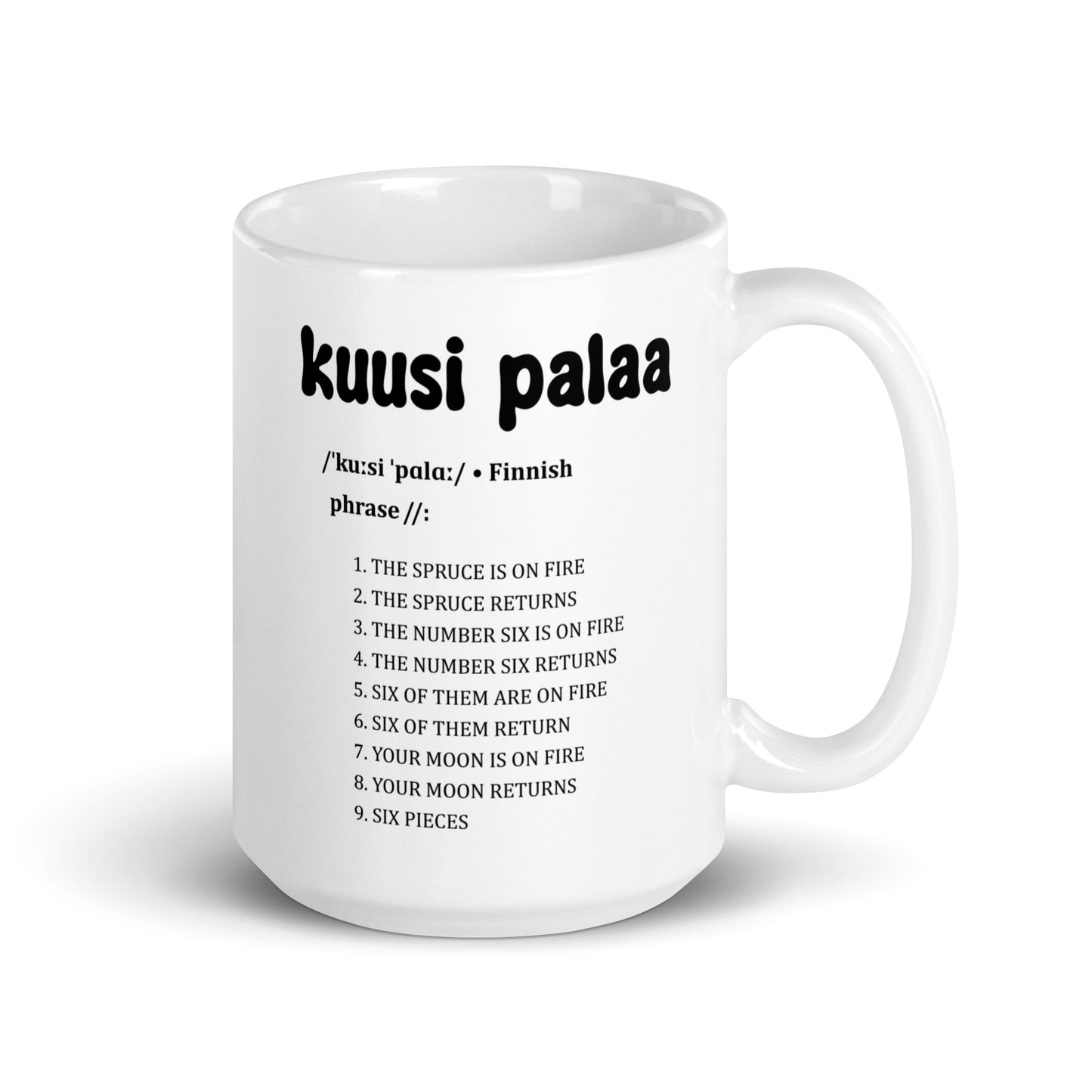 Meemirotta muki kuusi palaa tekstillä ja luettelolla suomalaisista fraaseista