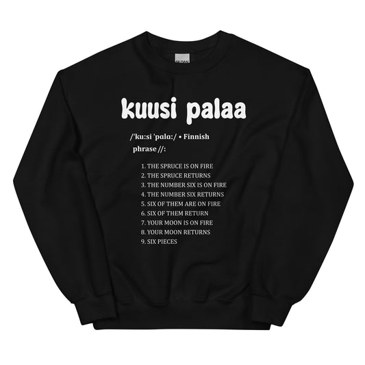 Meemirotta musta collegepaita, jossa teksti 'kuusi palaa' ja hauska sanaleikki