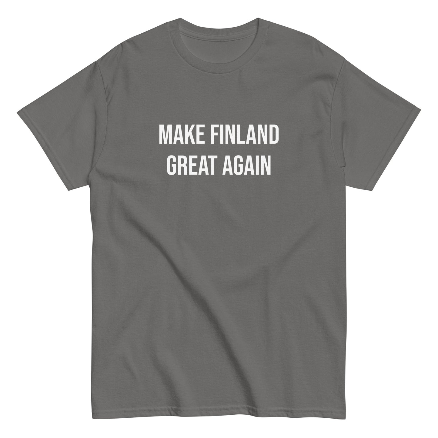 Harmaa t-paita, jossa teksti MAKE FINLAND GREAT AGAIN, mukava ja tyylikäs valinta arkeen