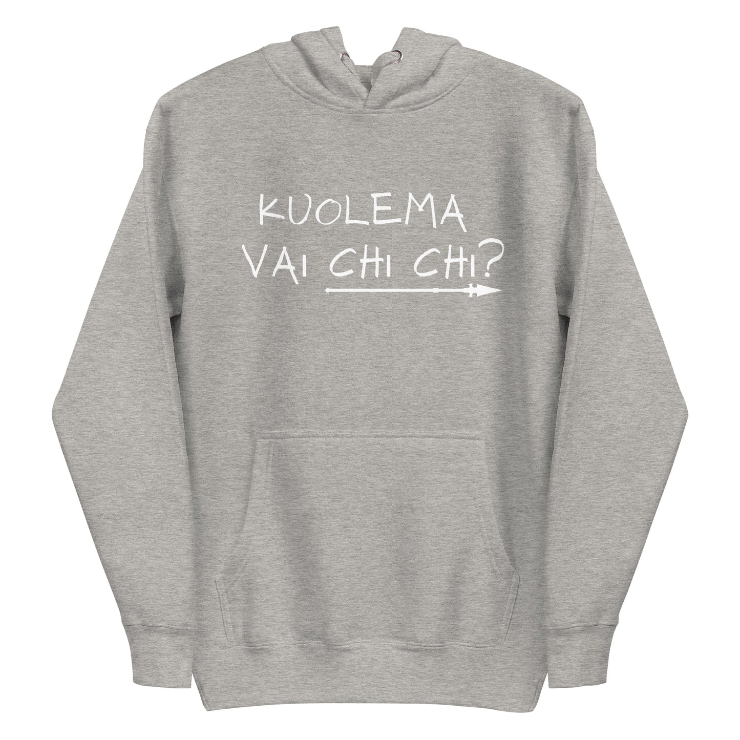 Harmaa meemi huppari, jossa on teksti 'Kuolema vai chi chi?' edessä