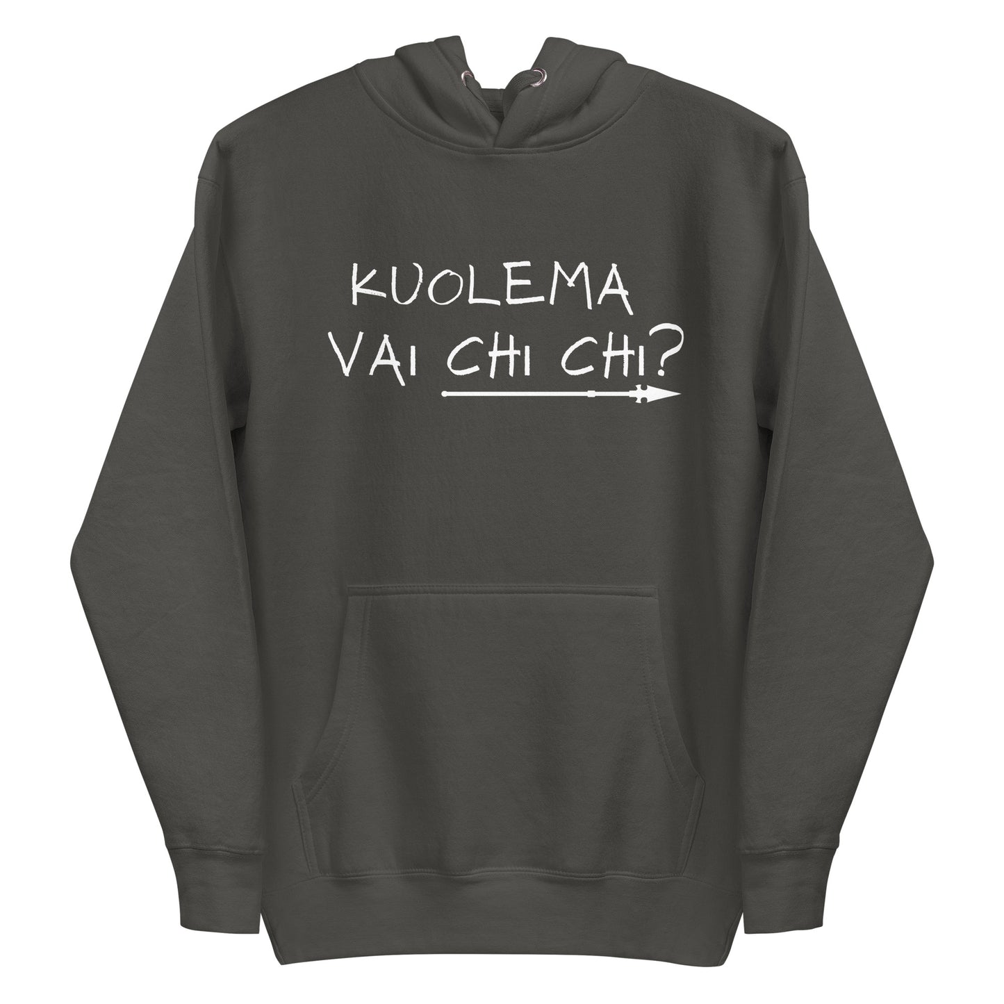 Meemi huppari tummanharmaana, jossa valkoinen teksti 'KUOLEMA VAI CHI CHI?' edessä