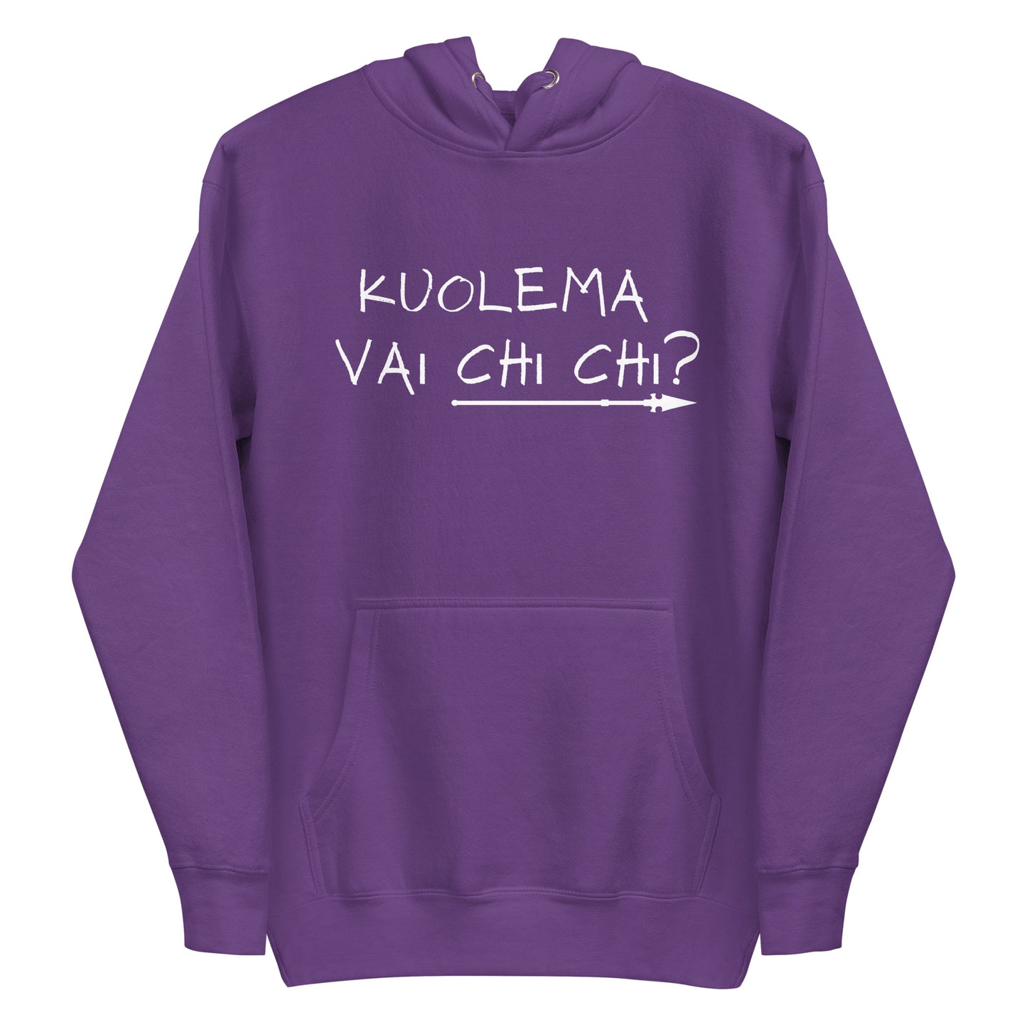 Violetti meemi huppari, jossa on teksti Kuolema vai chi chi? edessä
