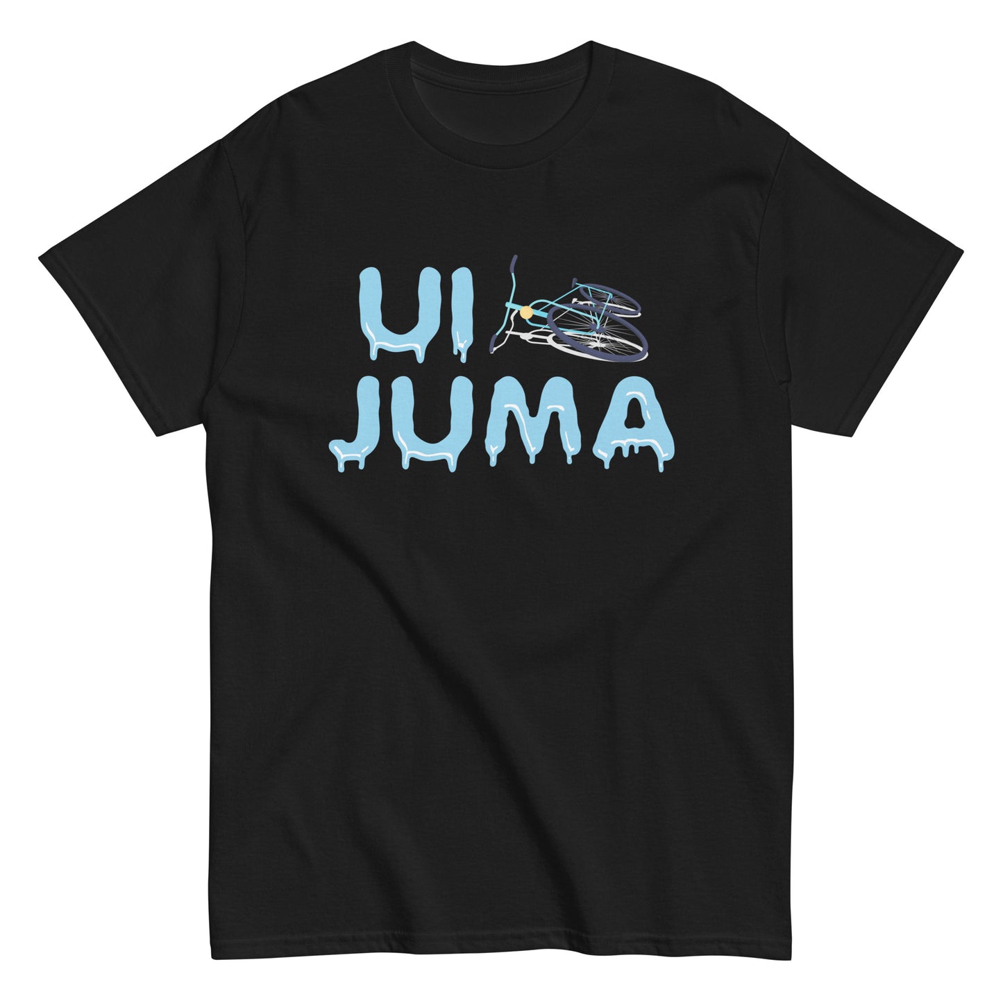 Esittelyssä Meemirottan Ui Juma T-Paita, musta T-paita, jossa on teksti "UI JUMA" ainutlaatuisessa sinisessä sulavassa tyylissä. Siinä on kuvitettu polkupyörä U-kirjaimen yläpuolella, mikä tekee tästä hauskasta paidasta täydellisen lahjaidean, joka yhdistää vaivattomasti oikeita ja siistejä.