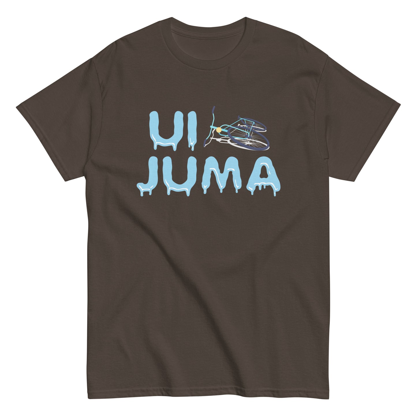 Esittelyssä Meemirottan Ui Juma T-Paita, musta T-paita, jossa on teksti "UI JUMA" ainutlaatuisessa sinisessä sulavassa tyylissä. Siinä on kuvitettu polkupyörä U-kirjaimen yläpuolella, mikä tekee tästä hauskasta paidasta täydellisen lahjaidean, joka yhdistää vaivattomasti oikeita ja siistejä.