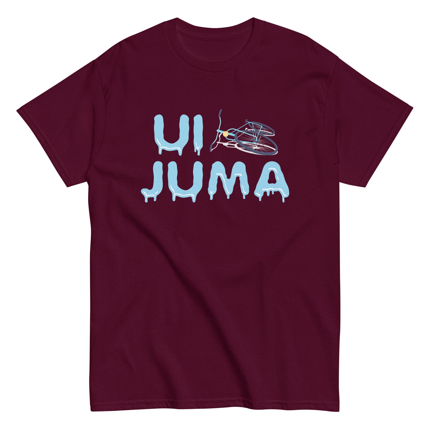Esittelyssä Meemirottan Ui Juma T-Paita, musta T-paita, jossa on teksti "UI JUMA" ainutlaatuisessa sinisessä sulavassa tyylissä. Siinä on kuvitettu polkupyörä U-kirjaimen yläpuolella, mikä tekee tästä hauskasta paidasta täydellisen lahjaidean, joka yhdistää vaivattomasti oikeita ja siistejä.