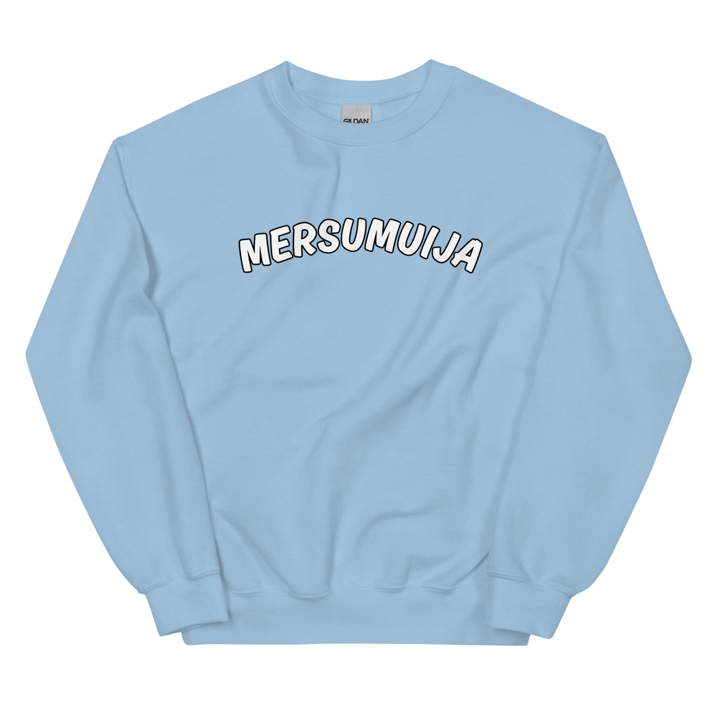 Vaaleansininen mersumuija collegepaita, jossa on hauska logo edessä.