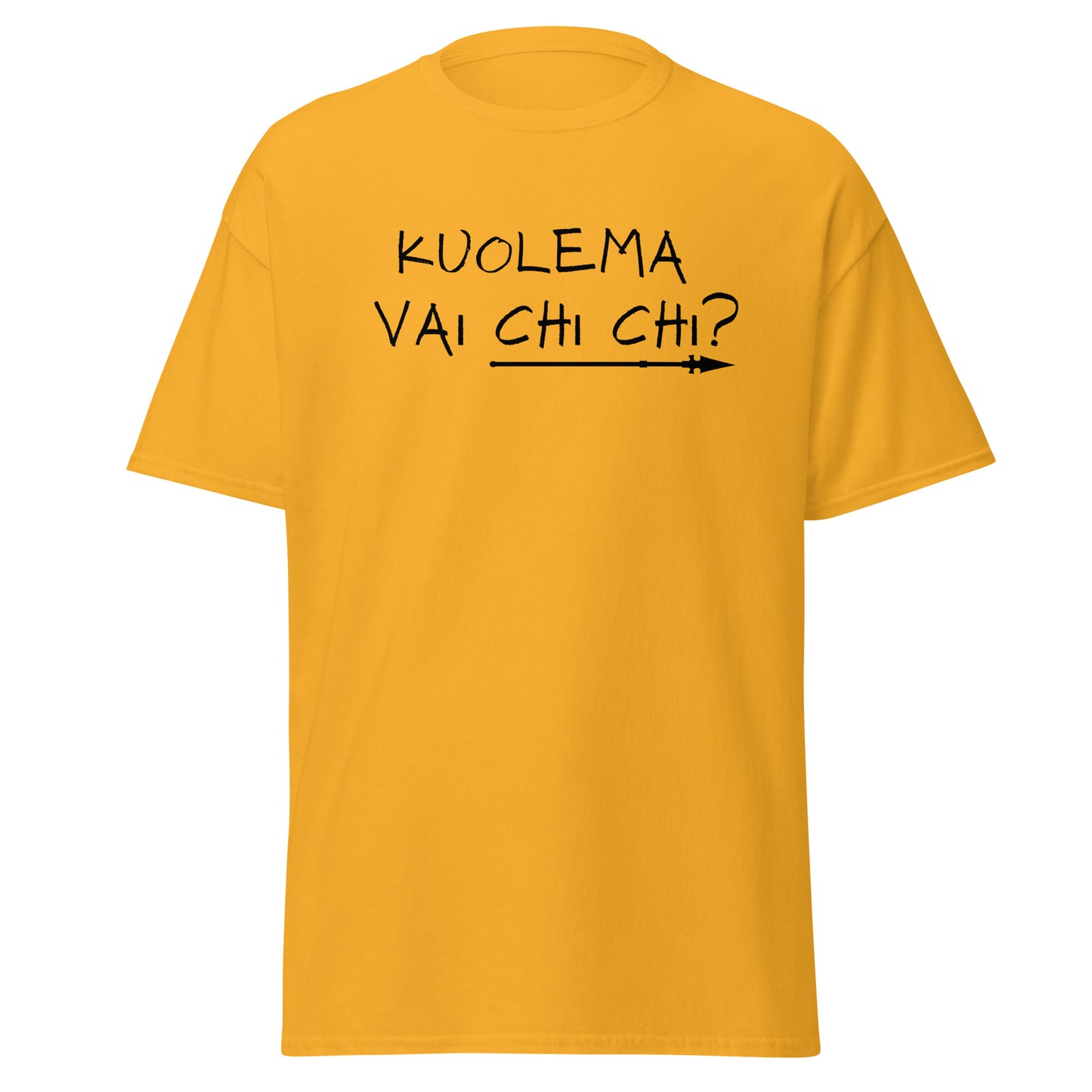 Meemirotta miesten paita, keltainen t-paita, jossa printti 'KUOLEMA VAI CHI CHI?'