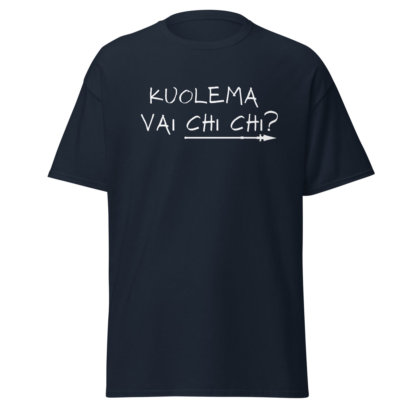 Miesten paita Meemirotta, tummansininen t-paita, jossa on hymyilevä teksti 'kuolema vai chi chi?'