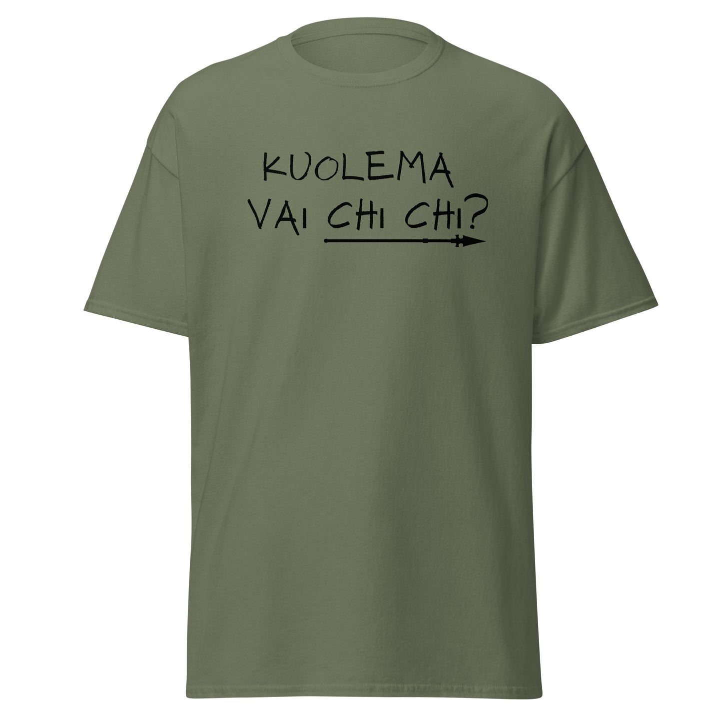 Meemirotta miesten paita vaaleanvihreällä värillä ja mustalla kuviolla kuolema vai chi chi?