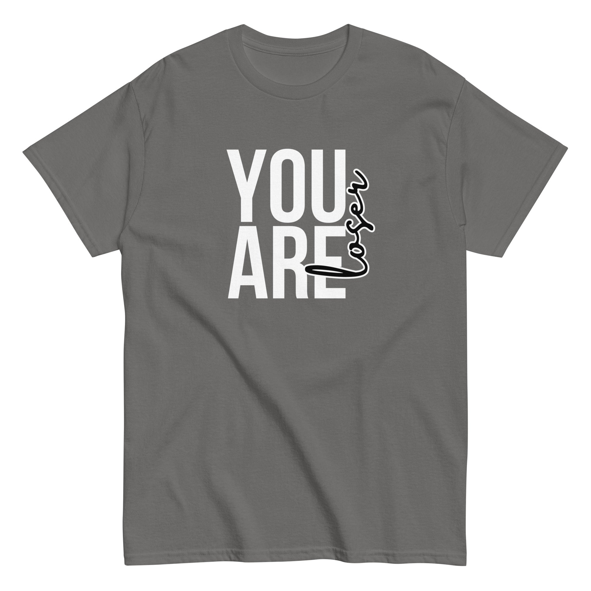 Miesten t-paita harmaalla värillä, jossa on teksti YOU ARE ja tyylikäs fontti