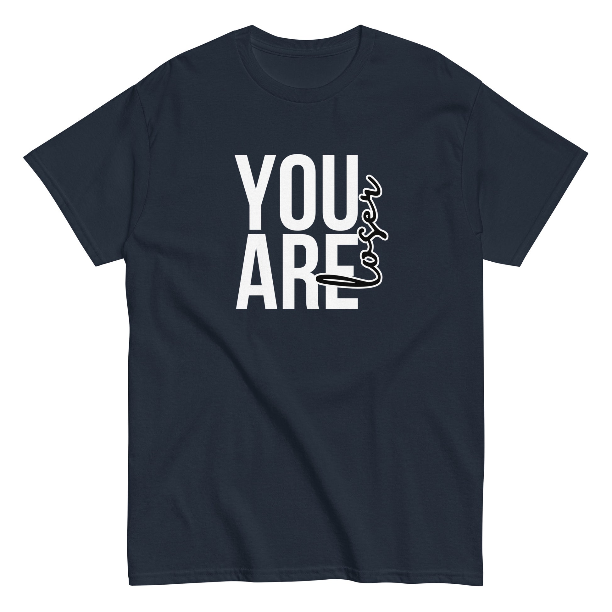 Miesten t-paita tummansinisellä pohjalla, jossa valkoinen teksti 'YOU ARE' modernilla fontilla