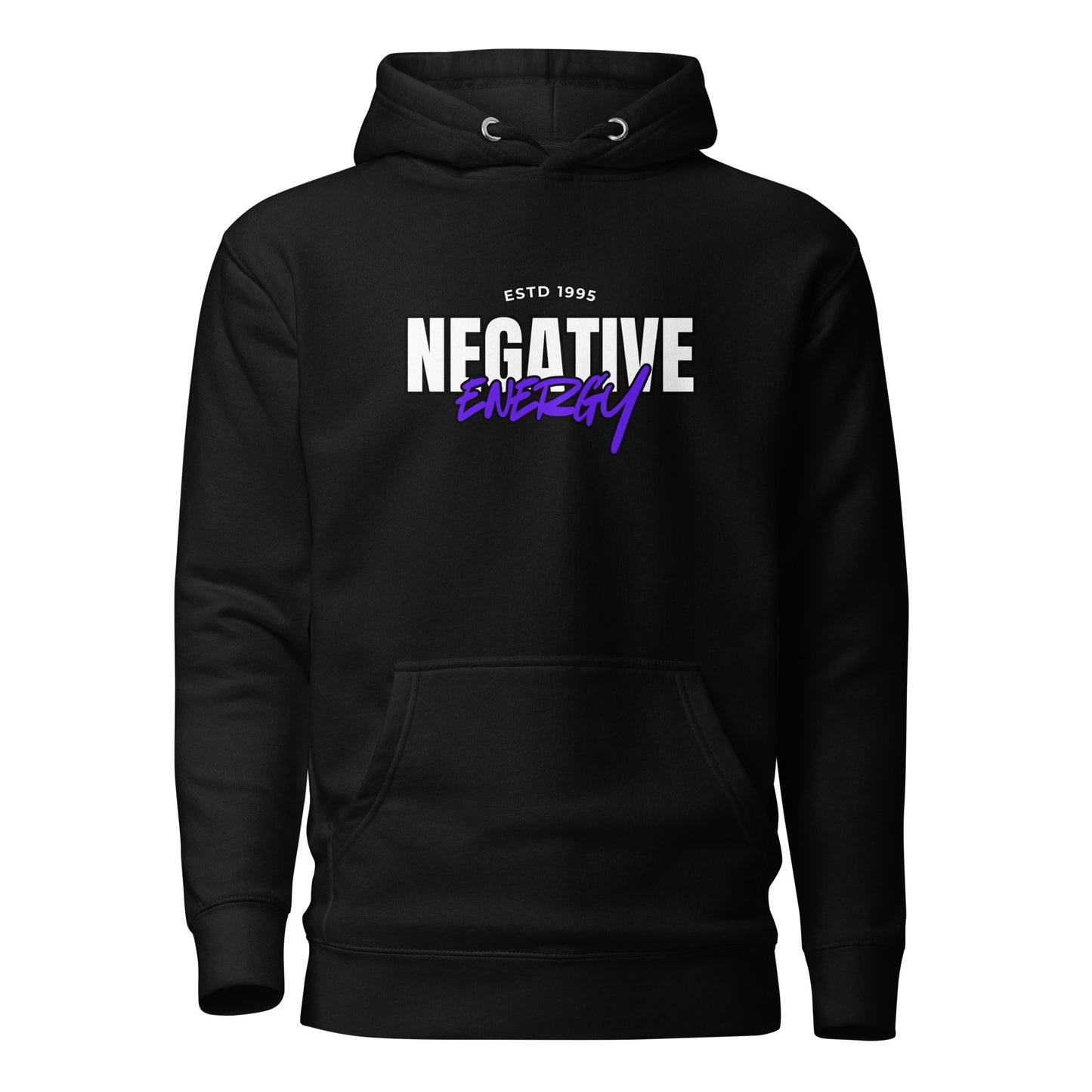 Meemirotta negatiivinen energia huppari mustassa värissä, jossa näyttävä logo edessä.