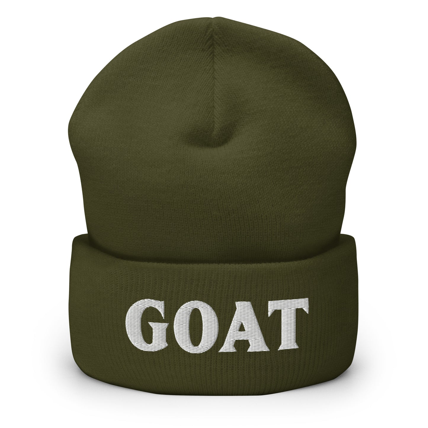 Vihreä Meemirotta-pipo lahjaksi, jossa valkoinen GOAT-teksti edessä